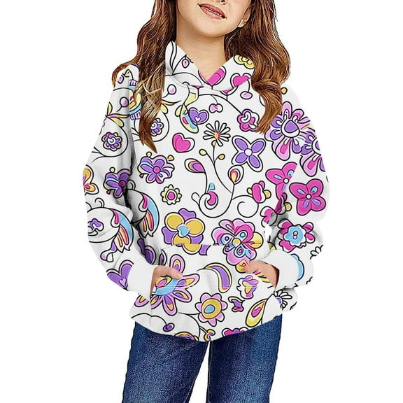 Odeerbi Kids Boys Girls Floral Hoodies Cartoon Print Hooded Sweatshirts Crewneck Oversized Hooded Sweatshirt 4-14 Years Kids Fashion Long Sleeve Pullover Tops White