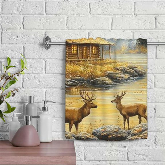 ZFLMY Deer Cabin River Modern Decorative Tea Towels 100% Polyester Soft Bath Hand Towel for Kitchens Bathrooms Showers 29.5x13.8 inches 29.5x13.8in