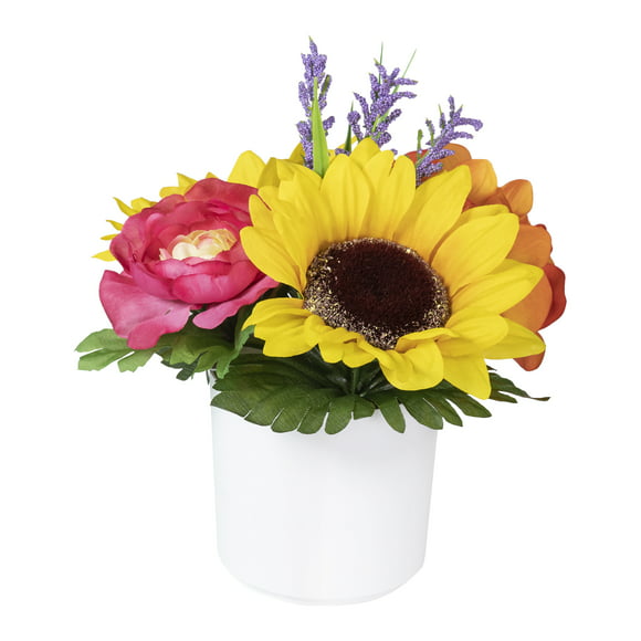 9-inch x 4-inch Artificial Sunflower Mixed Flowers in White Pot, Yellow/Pink/Orange, for Indoor Use, by Mainstays