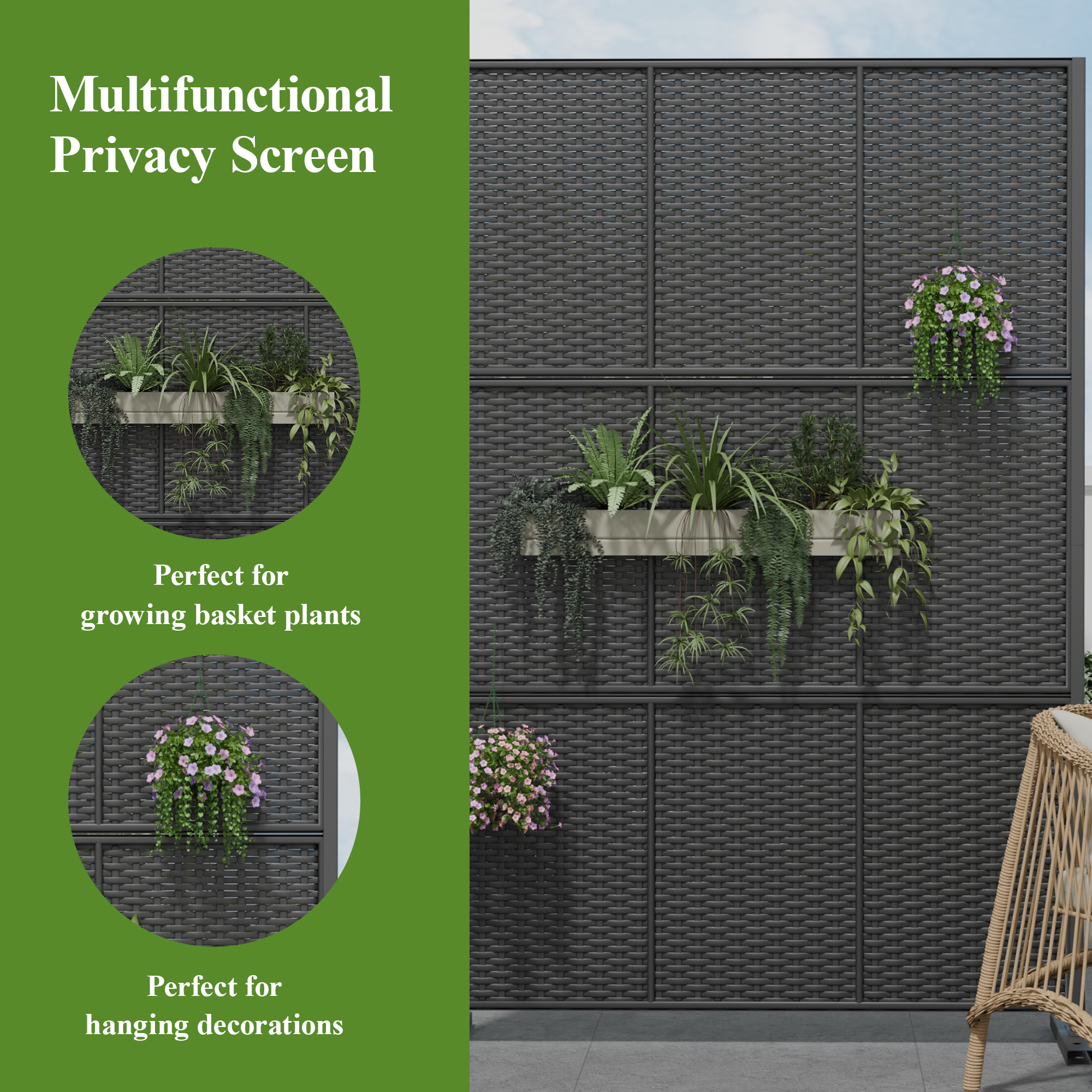 MAYEERTY 72×47" Outdoor Black Rattan Privacy Panel Screen for Backyard & Garden, Wicker Weave Pattern