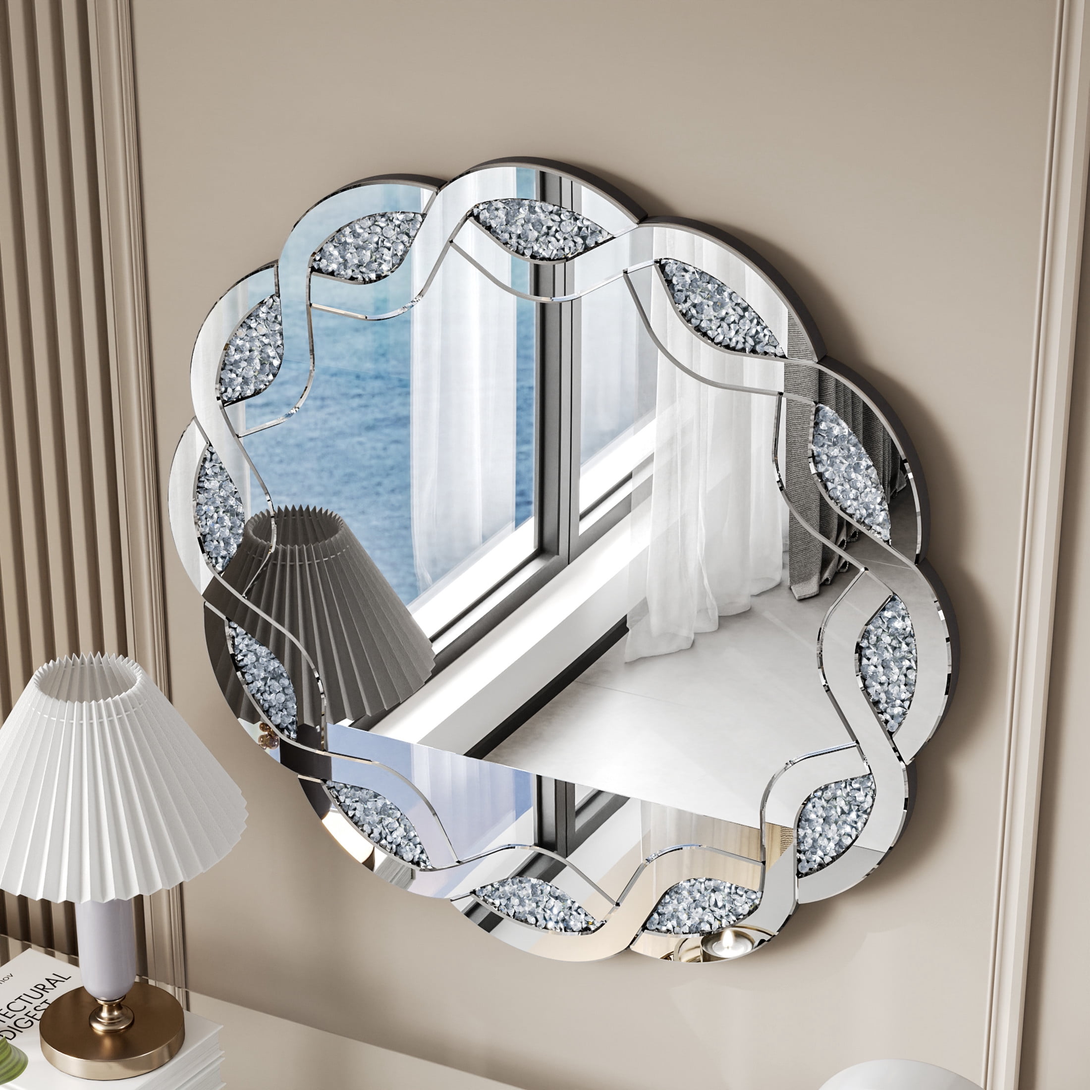 Noble House Crush Diamond Round Wall Mirror, Wave Frame Decorative Mirror Heavy Duty Frame with 2 Hangers, Silver