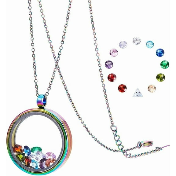 DIY Locket Pendant Necklaces Jewelry Kits including Stainless Steel Photo Frame Locket Pendants 304 Stainless Steel Cable Chain Necklaces Cubic Zirconia Cabochons Rainbow color