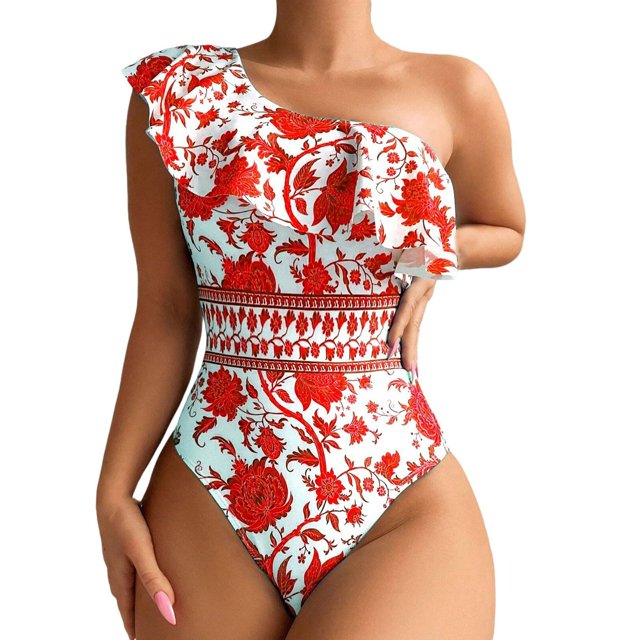 Womens Bikini Swimsuits Ruffled Off Shoulder Print Conservative and Slimming Women's Swimwear Red
