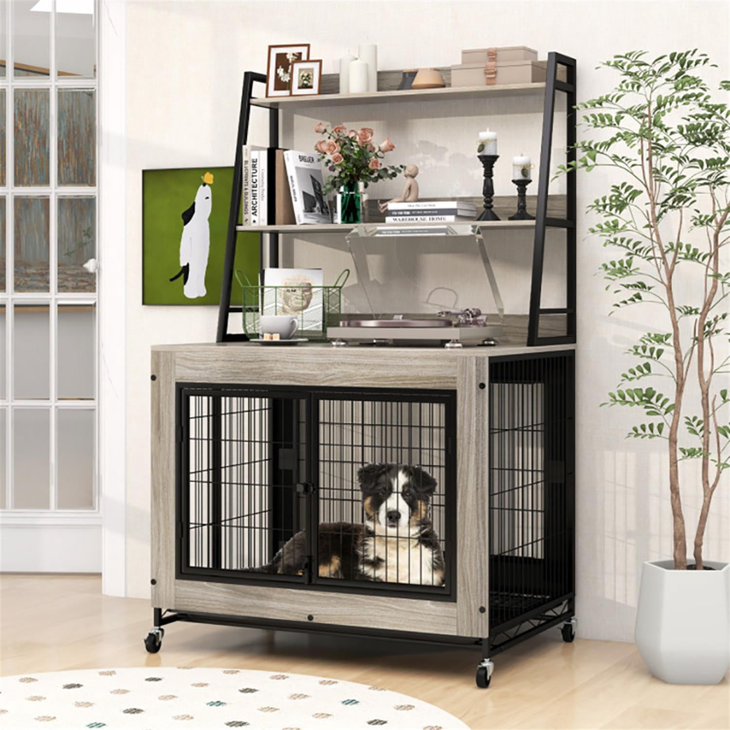 Demi Bonn 38" Industrial Dog Crate Furniture with Storage Shelves, Wooden Kennel Table with Double Doors, Indoor Dog House for Medium Dogs, Gray