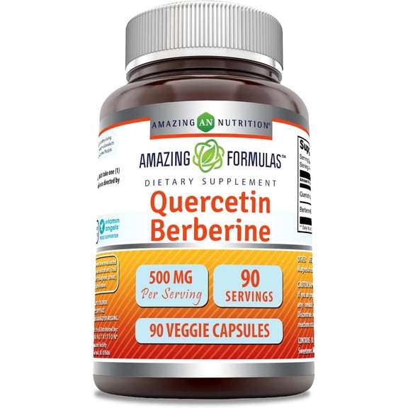 Amazing Formulas Quercetin Berberine 500mg Per Serving 90 Veggie Capsules Supplement | 250mg Quercetin & 250mg Berberine | Non-GMO | Gluten Free | Ideal for Vegetarians