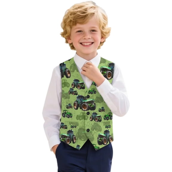 Garronmavis Green Tractors Boys Vest Size 5-6 Comfortable Formal Waistcoat Vests with Pockets Versatile Boy's 3 Button Formal Suit Vest Fashion V Neck Adjustable Back Strap Vests