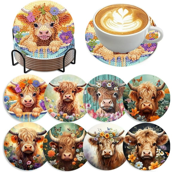 Highland Cow Diamond Painting Coasters Kit 8 Pack with Holder Cork Pads, DIY Non Slip Coaster Crafts for Adults Beginners, Multicolor Art Gift Set