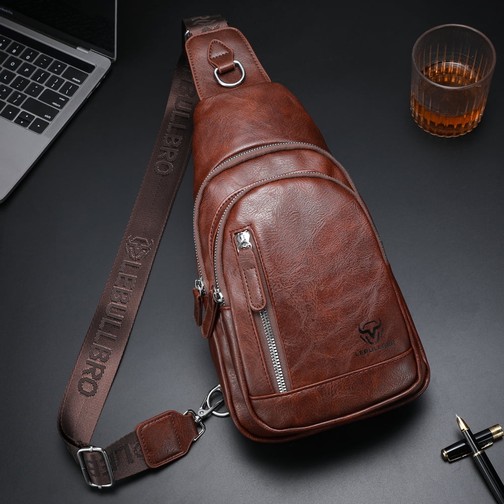 LEBULLBRO Sling Bag for Men Soft Leather Chest Bag Crossbody Backpack Travel Hiking Outdoor Sports Dark Brown