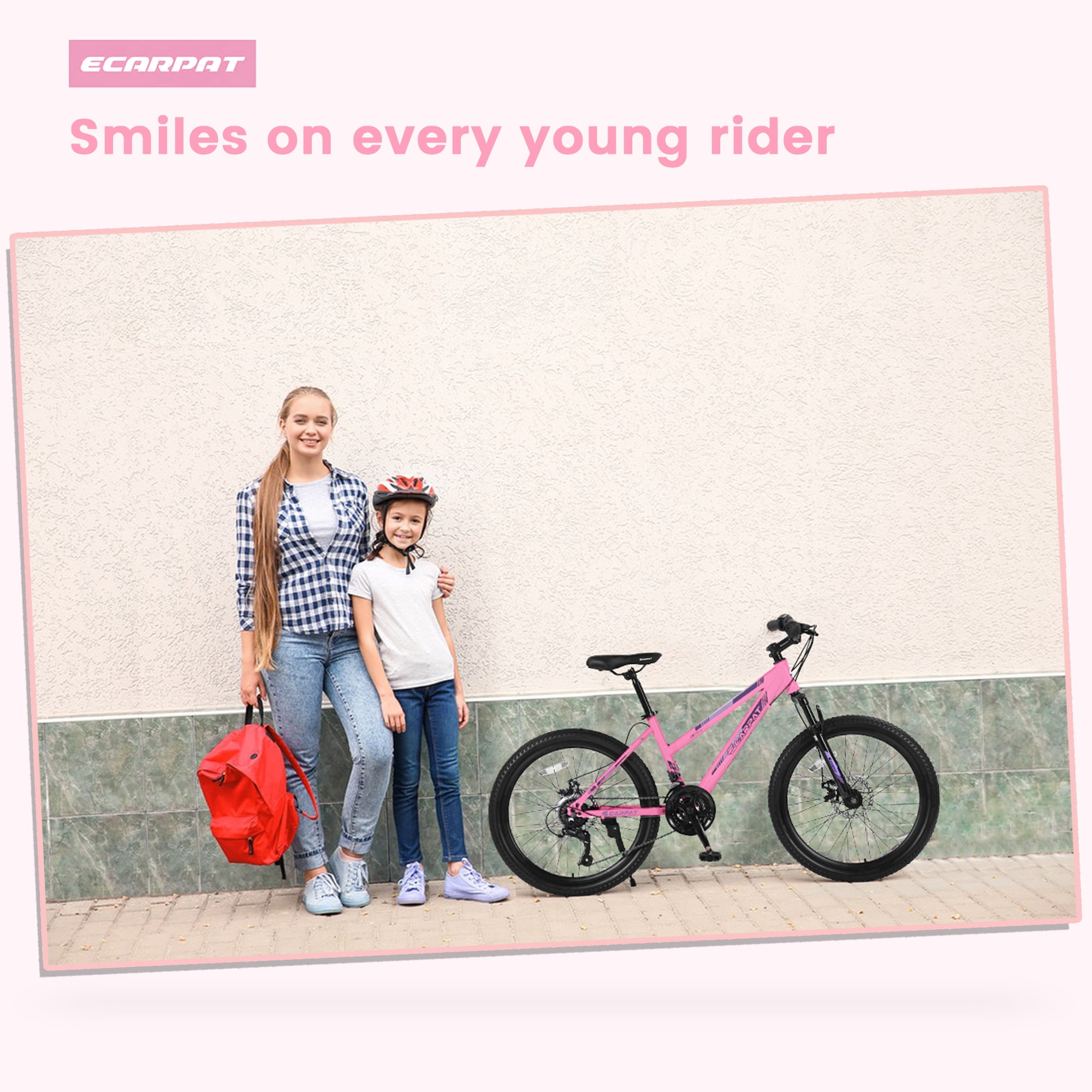 24 inch Girls Women Mountain Bike, 21 Speeds Mountain Bicycle with Steel Frame, Dual Disc Brakes and 100mm Front Suspension, MTB Bike for Urban Trail Snow Commuter, Pink