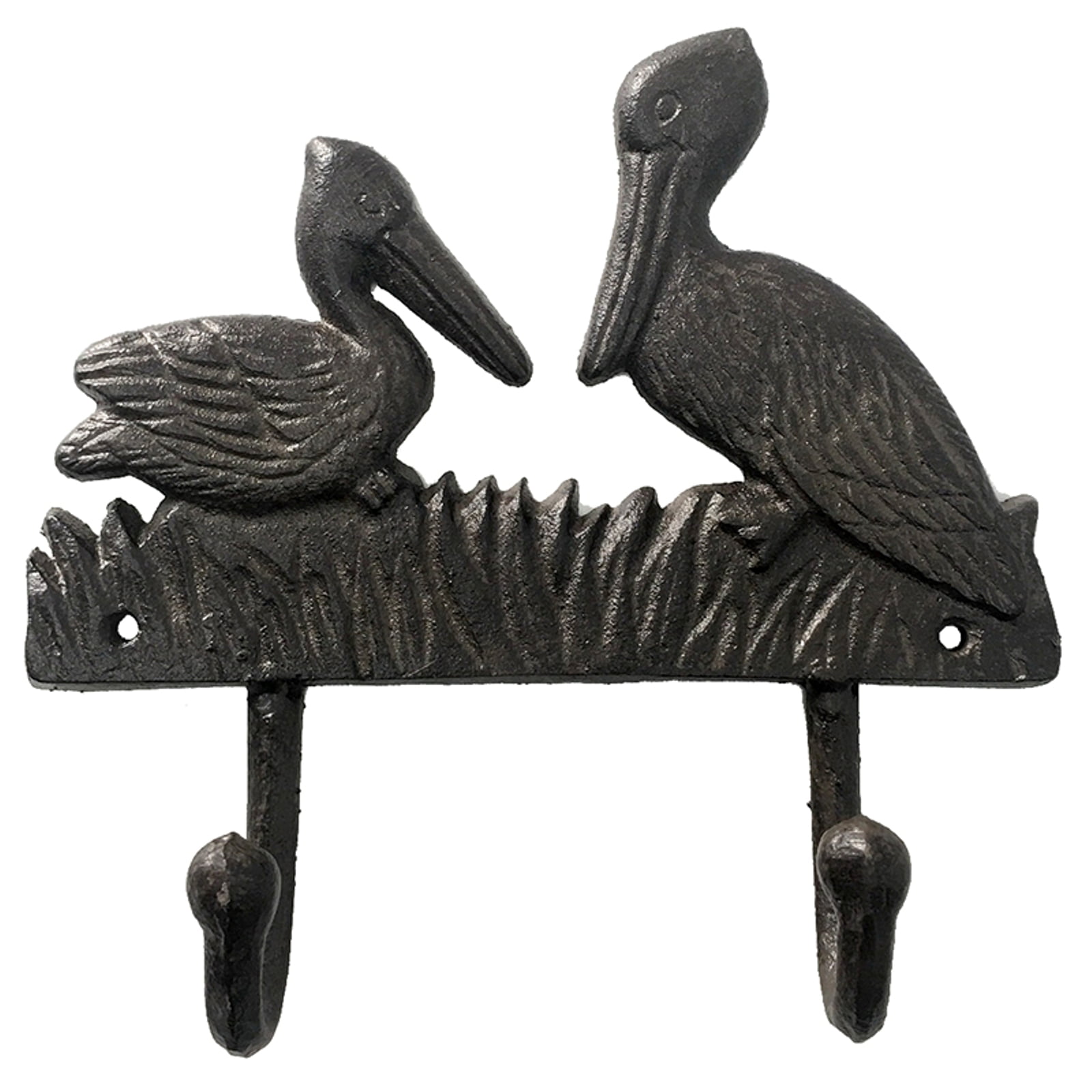 Pair of Pelicans Perched Double Wall Hooks Cast Iron 7.75 Inches