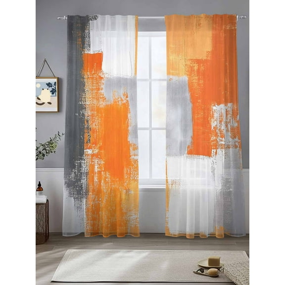 Orange Grey Sheer Curtains 96 Inches Long 2 Panels Graffiti Abstract Color Block Mottled Texture Light Filtering Semi Sheer Window Curtains Drapes for Bedroom Living Room 52"x96"