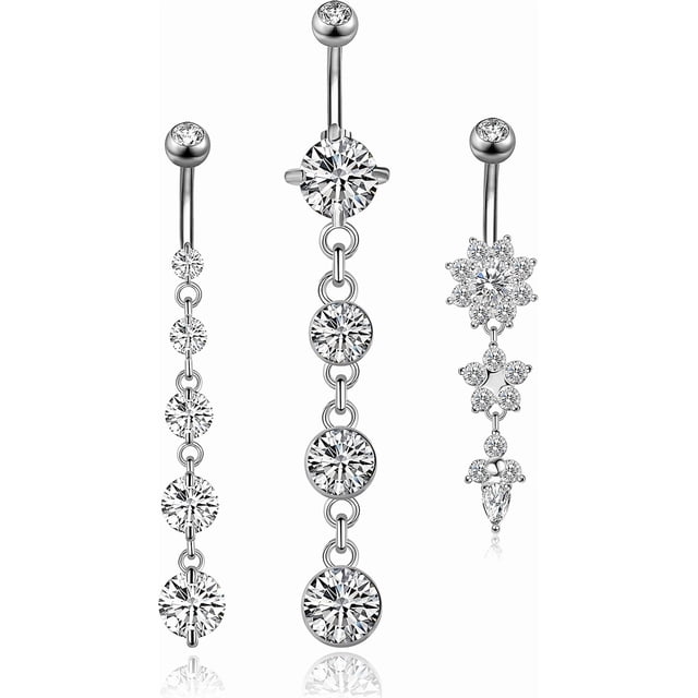 3-6PCS 14G 316L Stainless Steel Belly Button Rings for Women Navel Rings Barbell Dangle Flower CZ Body Piercing