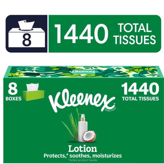 Kleenex Lotion Facial Tissues with Coconut Oil, 8 Flat Boxes, 180 Tissues per Box, 3-Ply
