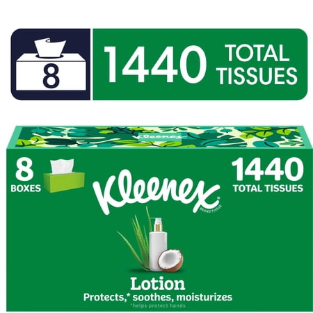 Kleenex Lotion Facial Tissues with Coconut Oil, 8 Flat Boxes, 180 Tissues per Box, 3-Ply