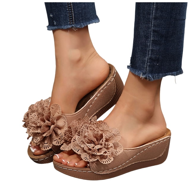 Womens Floral Summer Platform Beach Sandals Wedge Open Toe Slides Open Toe Wide Width Non Slip Dressy Slippers Brown Size 6.5