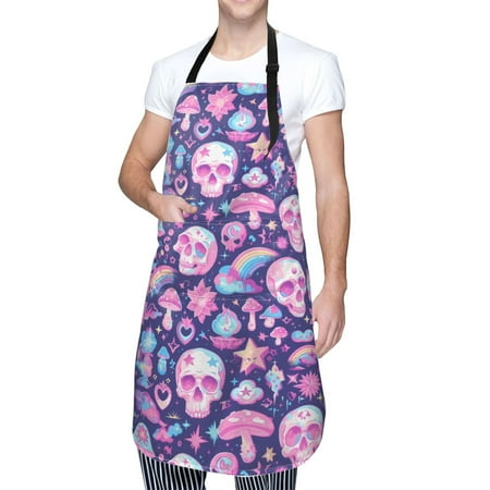 

Cauagu mushroom rainbow color Skull Aprons with Pockets Waterproof Apron for Women Kitchen Cooking Apron Adjustable Bib Aprons Chef Apron for Cooking Drawing Crafting