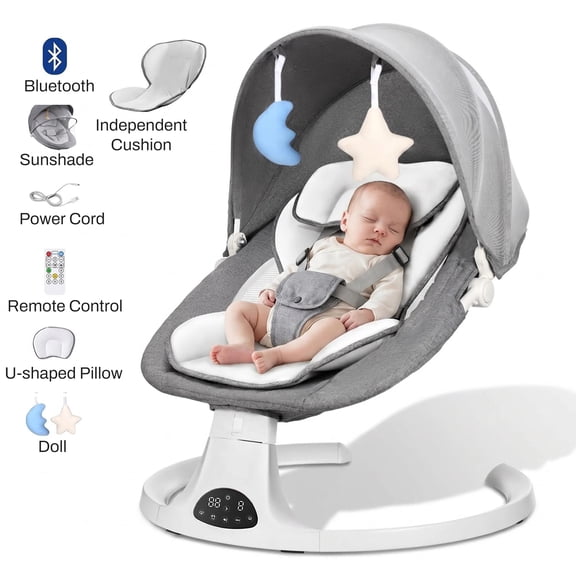 Behome Baby Swing for Infants, Bluetooth Baby Bouncer with 5 Swing Speed, 3-Stage Timer and Remote Control, Baby Swing Chair from Birth with 2 Plush Toys and a Mosquio Net, Grey