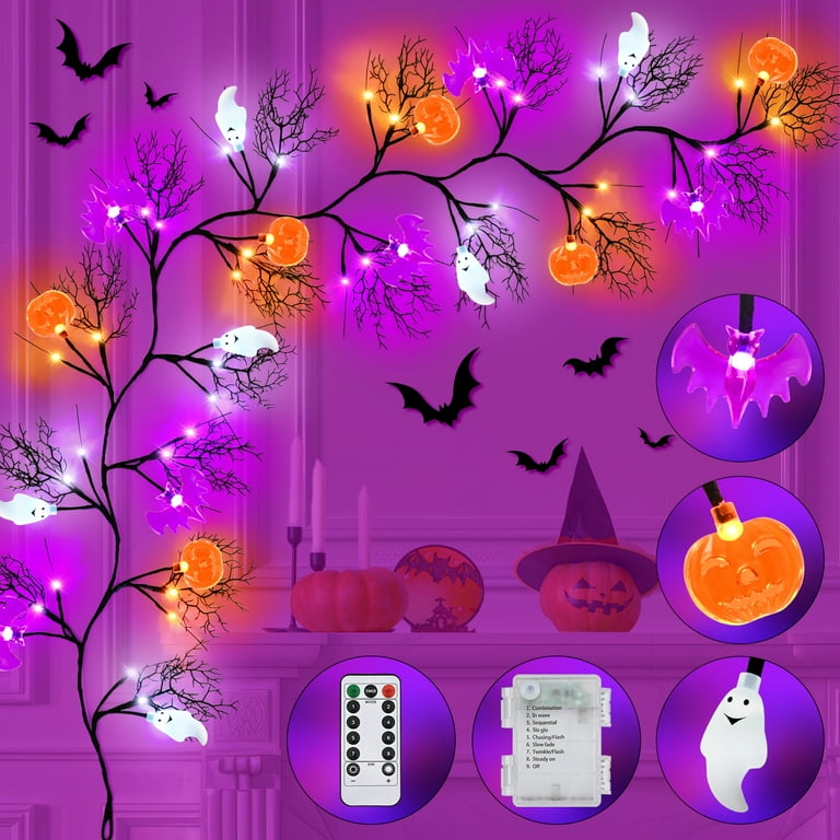 9FT Halloween Lighted Garland With 72 LEDs, 12 Pumpkins & 12 Bats - 8 Modes, Battery Operated For Indoor/Outdoor Decor