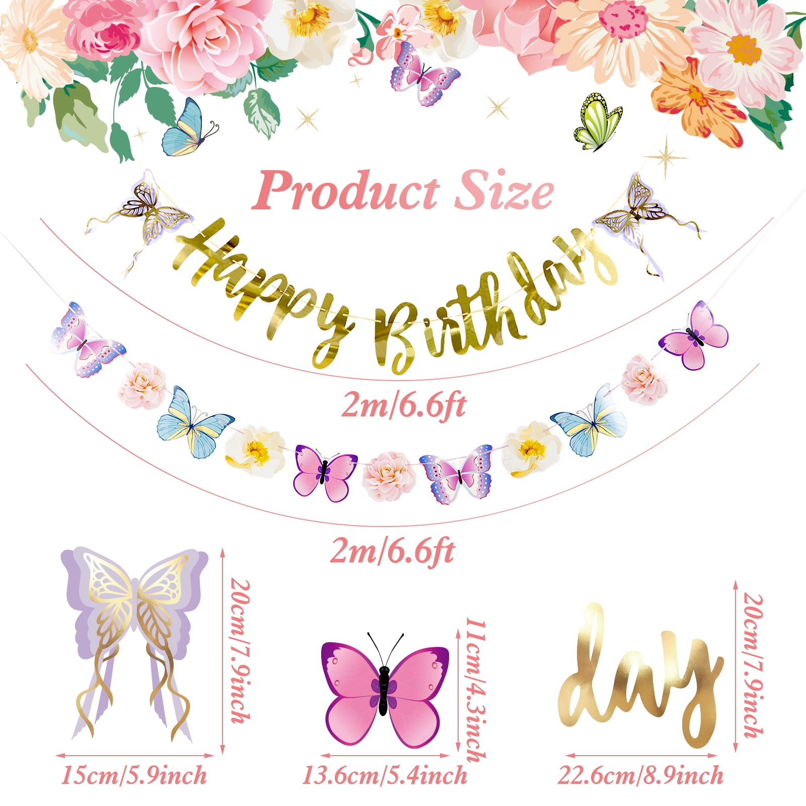 Easy Joy 22pcs Butterfly Birthday Decorations with Banner Hanging Flowers Paper Swirls for Pink Party Decoration