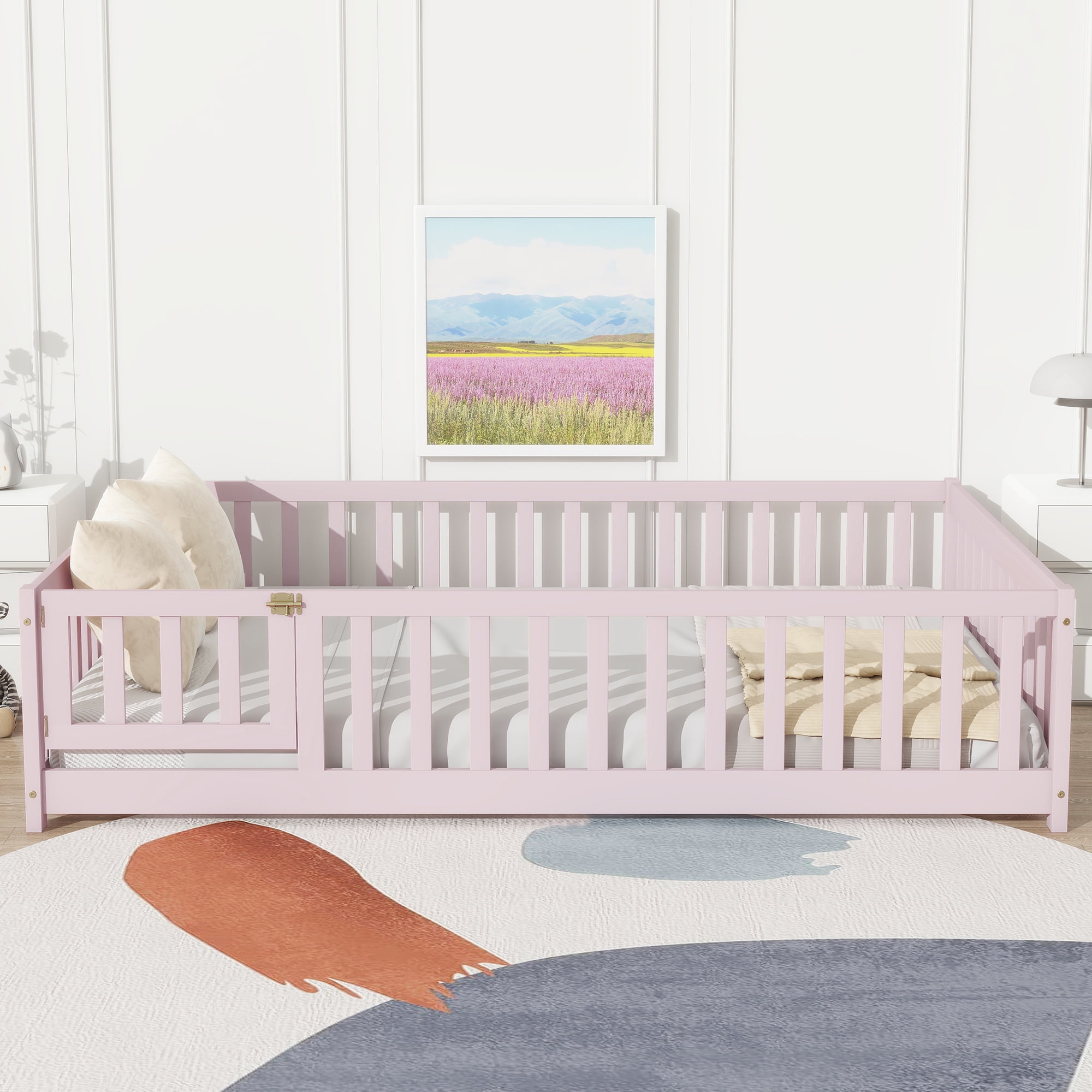 Full Size Rubber Wood Floor Bed with Fence and Door, Pink Safety Guardrails Kids Platform Bed, 7 Slats Support No Box Spring Needed for Compact Bedroom