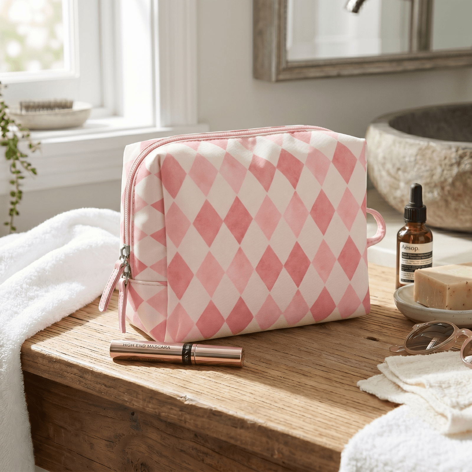 packlab Travel Makeup & Toiletry Cosmetic Bag, Pink Harlequin Organizer Pouch