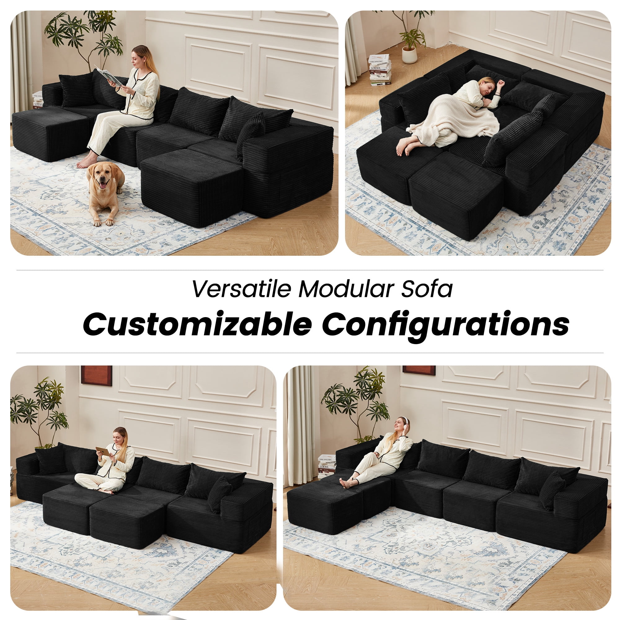 Vicluke 131" Cloud Couch Sectional, U Shaped Modern Sofa with 2 Ottomans, Comfy Corduroy Fabric Modular Sectional Sofa in a Box, Boneless Couches for Living Room, No Assembly Required (Black)