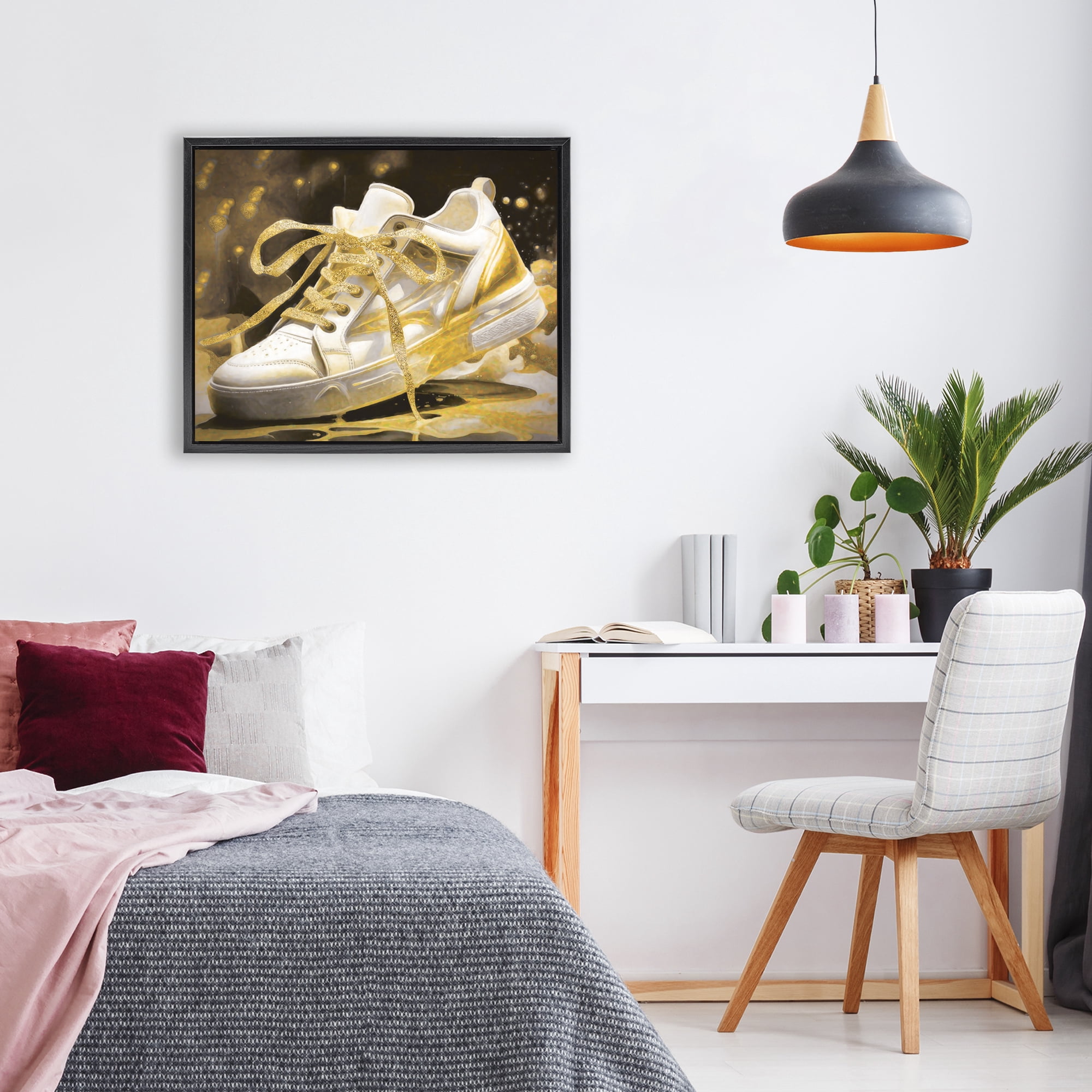 Stupell Industries Splashy Gold Sneaker Black Framed Floater Canvas Wall Art, design by Grotto Studios