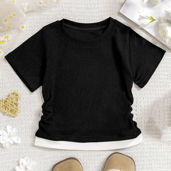 qolati Girls T-Shirt Casual Comfy Round Neck Color Block Tee Tops 2025 Summer Basic Ribbed Slim Fitted Shirts