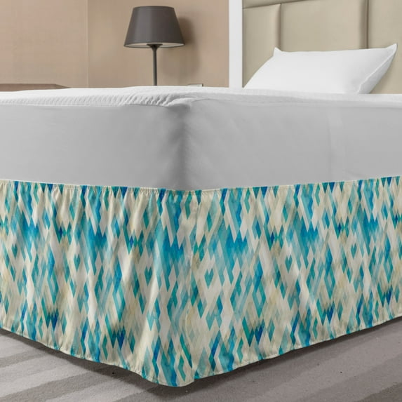 Geometric Bed Skirt, Blue Themed Hexagonal Shaped Abstract Modern Grunge Art Print, Elastic Bedskirt Dust Ruffle Wrap Around for Bedding Decor, 4 Sizes, Turquoise White, by Ambesonne