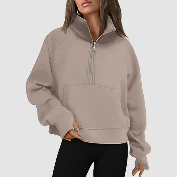 Huaizzzy Womens Sweatshirts Half Zip Cropped Pullover Quarter Zipper Hoodies Fall Outfits Clothes Thumb Hole Asymmetric Zip Jacket Women Fashion Top Light Hoodies Women Full Zip Workout Top Winged
