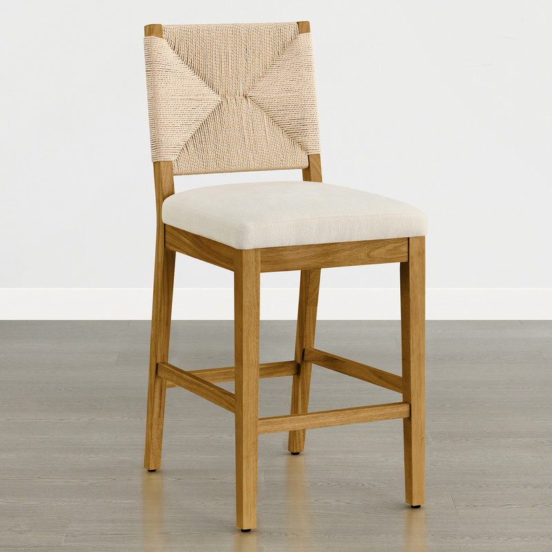 Spruce & Spring 26"Boho Counter Height Bar Stools Set of 2 with Handmade Rope Back, Upholstered Seats for Kitchen Island and Home Bar, Walnut