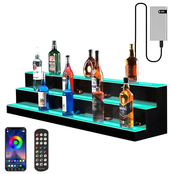 Ageszoe LED Wine Shelf with Adjustable LED Color Lighting, 3-Tier 60"Liquor Bottle Display Racks