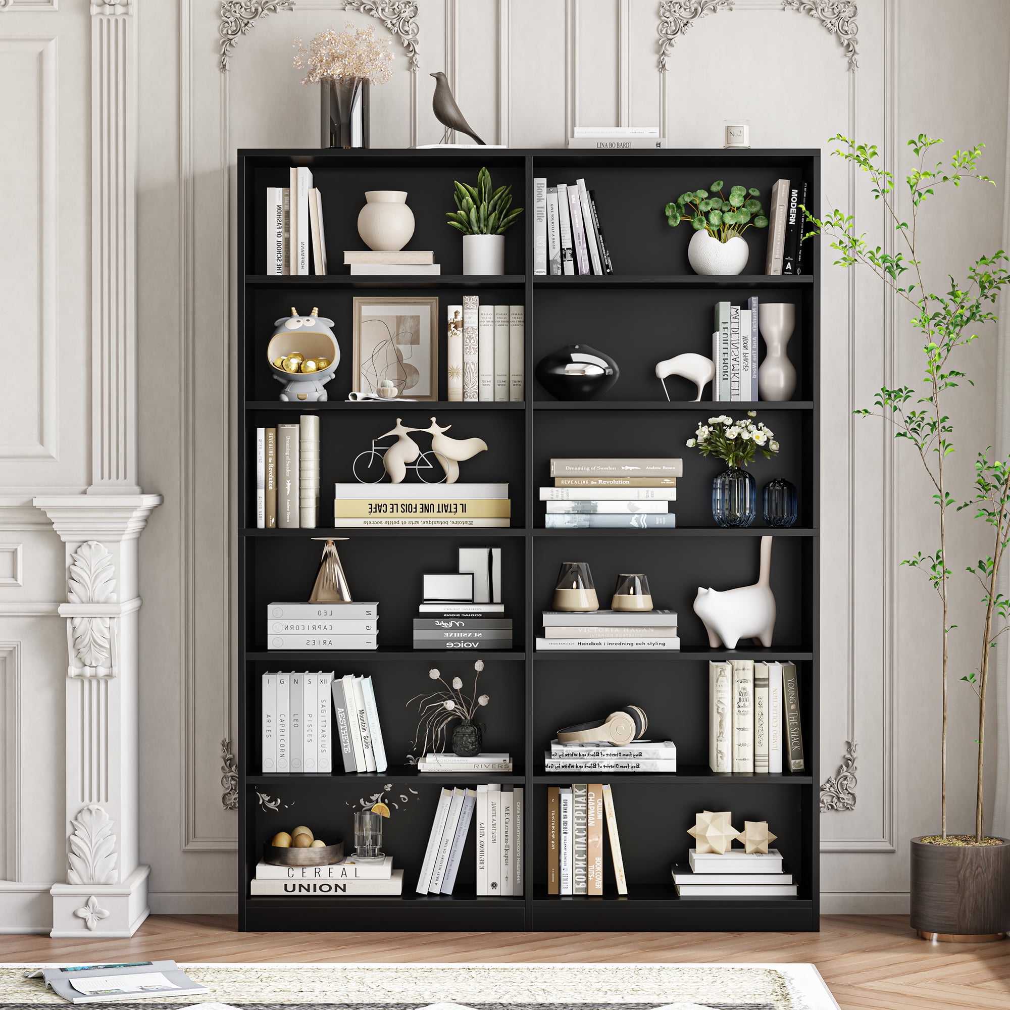 Homfa 74.3” Double Wide 6-Tier Bookcase, Extra Large Wooden Freestanding Display Bookshelf for Home Office Living Room, Black