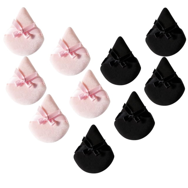 10-Pack Triangular Loose Powder Puffs with Bows — Soft Facial Makeup Sponges (Suitable for Loose Powder),Pink&Black