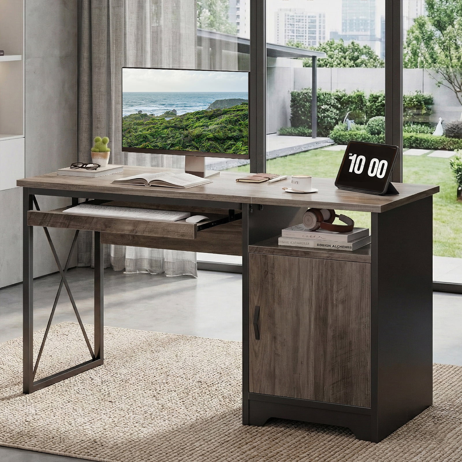 Bestier Home Office Desk 47" Computer Desk Small PC Table with Keyboard Tray and Storage Cabinet,Wash Gray