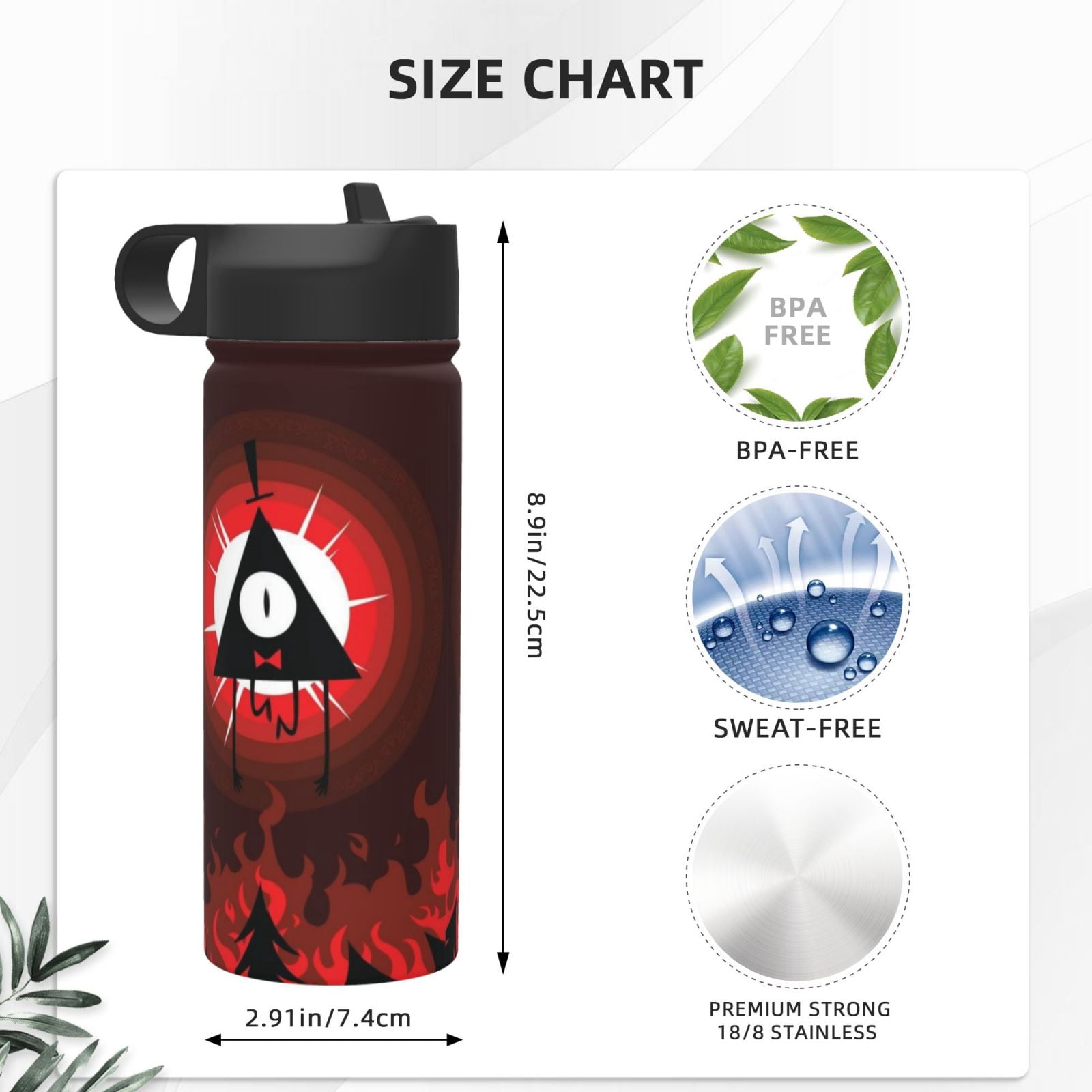 Bill Cipher 18 Oz Insulated Water Bottle Stainless Steel Vacuum Leak Proof Kettle with Straw Lid, Portable Cup for Travel Gym Outdoor Sports School