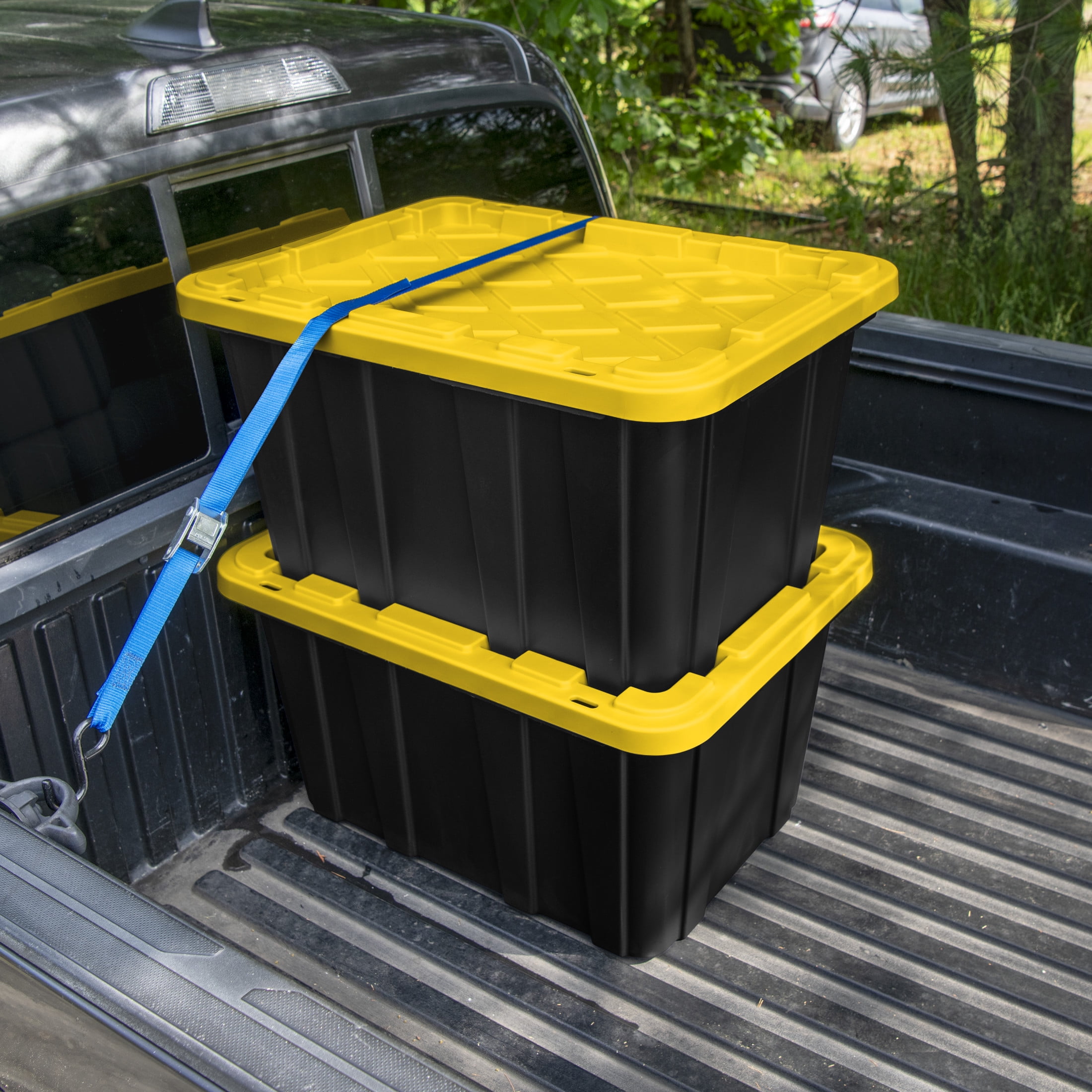 Sterilite Large Storage Bin, 27 Gallon Durable Plastic Storage Tote with Snap-On Lid, Black and Yellow, 6 Pack