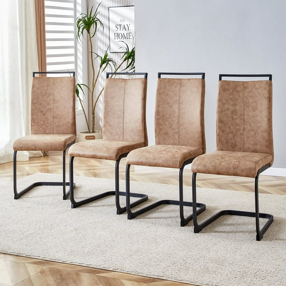 Modern Dining Chairs, Technology cloth High Back Upholstered Side Chair with C-shaped Tube Black Metal Legs for Dining Room Kitchen Vanity Club Guest Office chair (Set of 4)Brown 1162