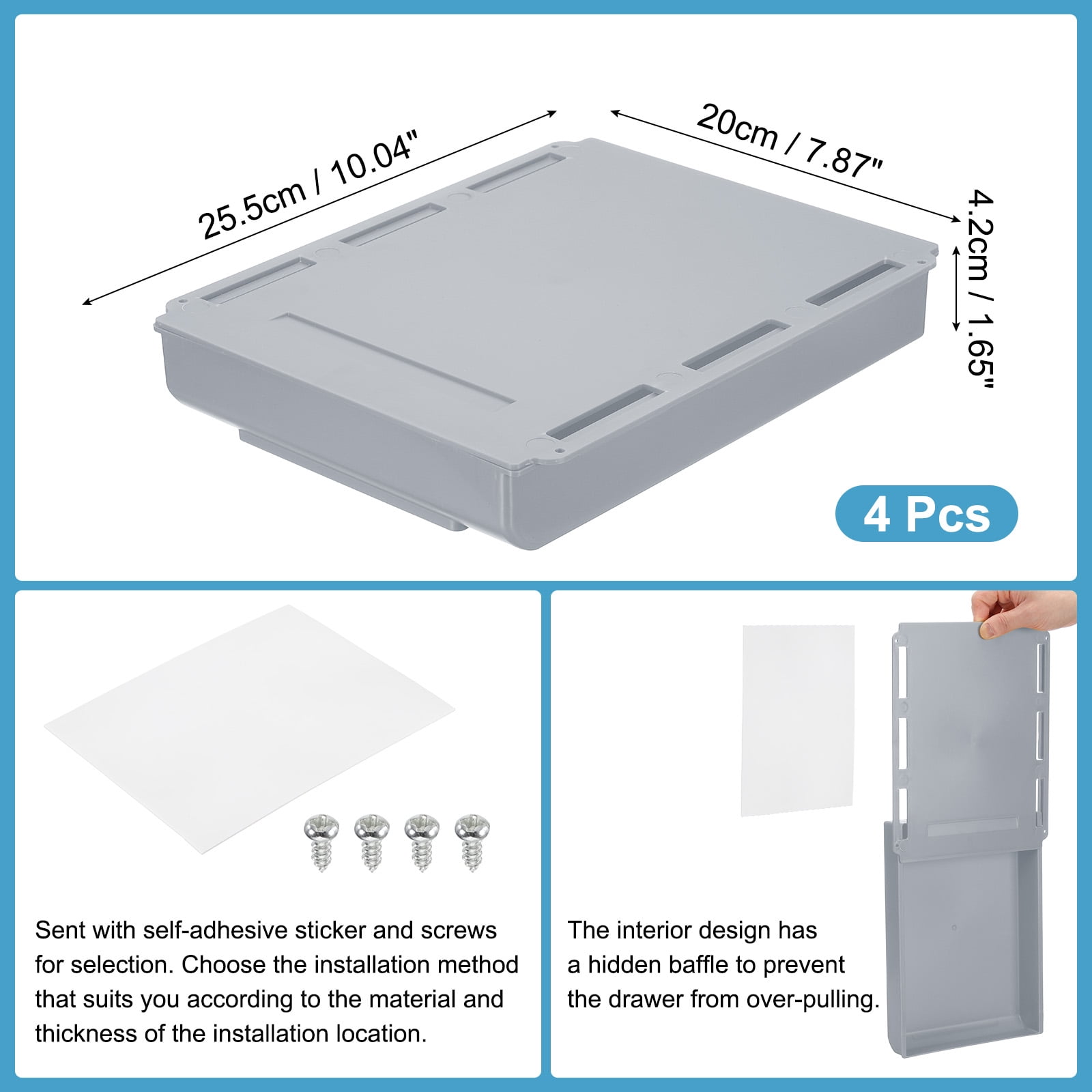 Under Desk Drawer, 4 Pcs Under Table Storage Self-Adhesive Attachment Drawers Organizer for Pens Standing Desk Office Studio Home, Gray, Large