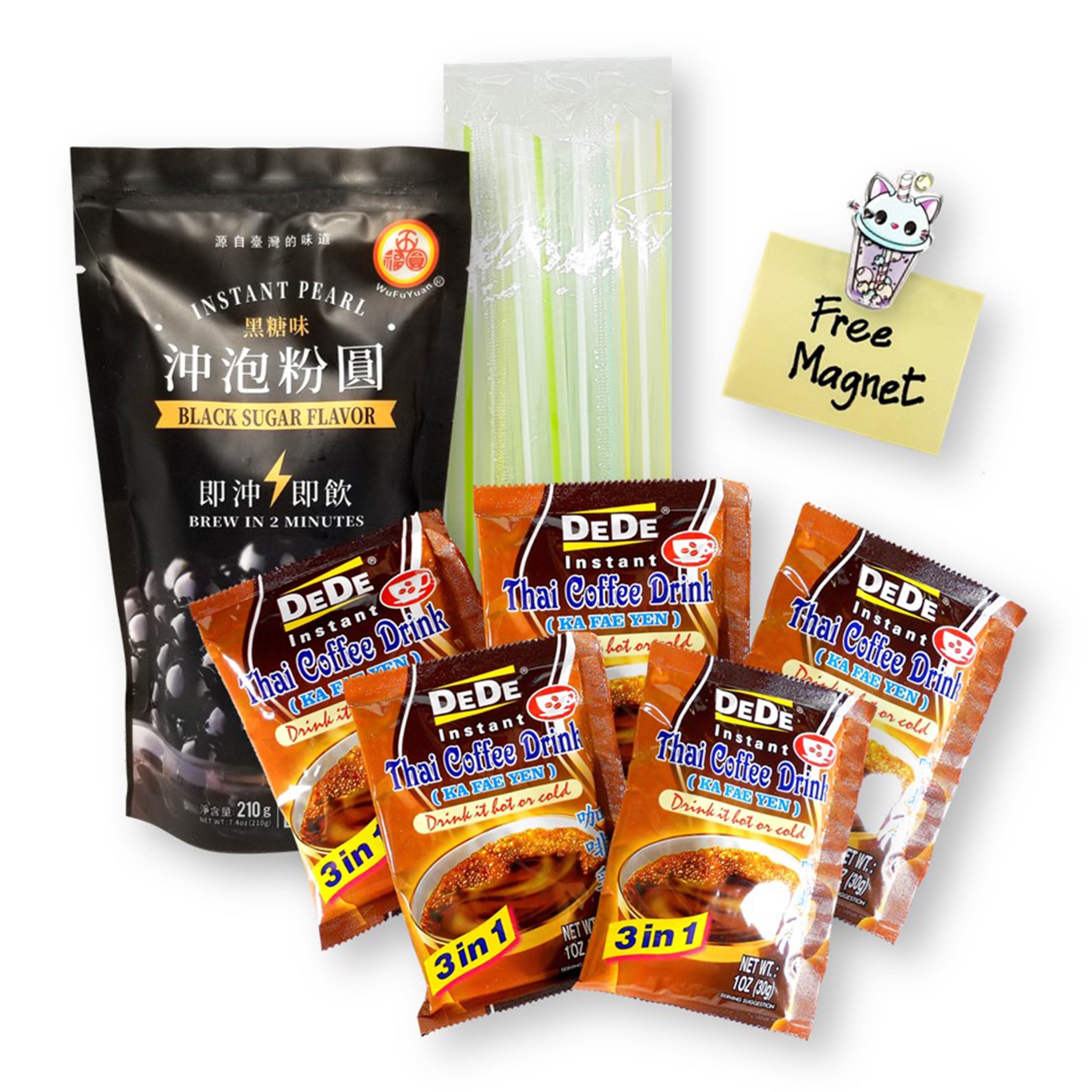 Secret Pantry Bubble Tea DIY Thai Boba Iced Coffee Kit with 5 DeDe Instant Thai Coffee, WFY Instant Black Tapioca Pearls, 5 Boba Straws & Bubble Tea Magnet (11-Pc Set)