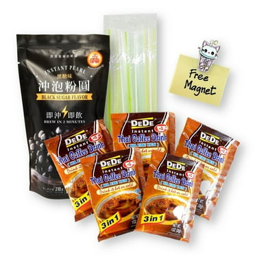 Secret Pantry Bubble Tea DIY Thai Boba Iced Coffee Kit with 5 DeDe Instant Thai Coffee, WFY Instant Black Tapioca Pearls, 5 Boba Straws & Bubble Tea Magnet (11-Pc Set)
