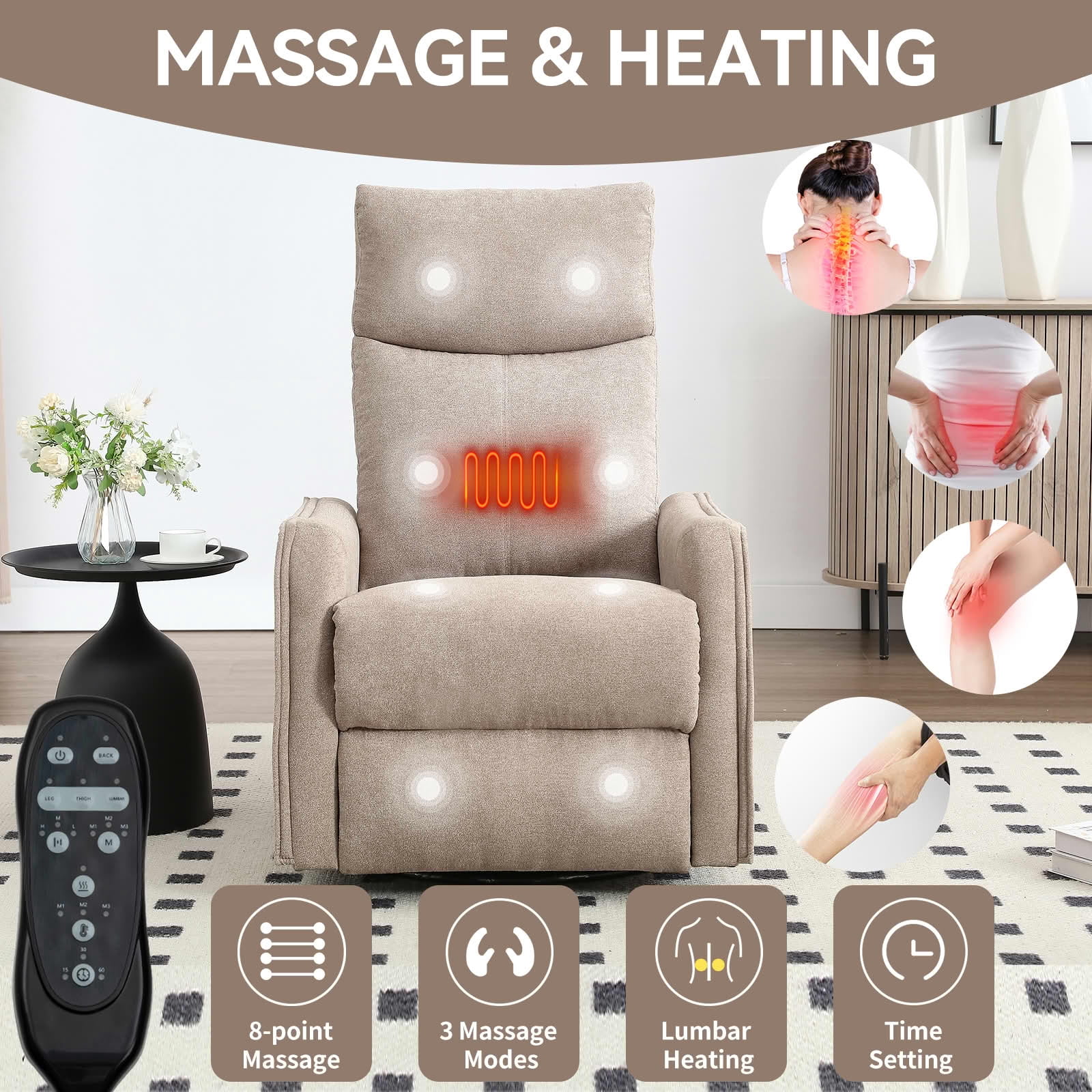 MAYEERTY Khaki Heat Massage Recliner Chair, 360° Swivel Rocker 27"x36"x40" for Living Room