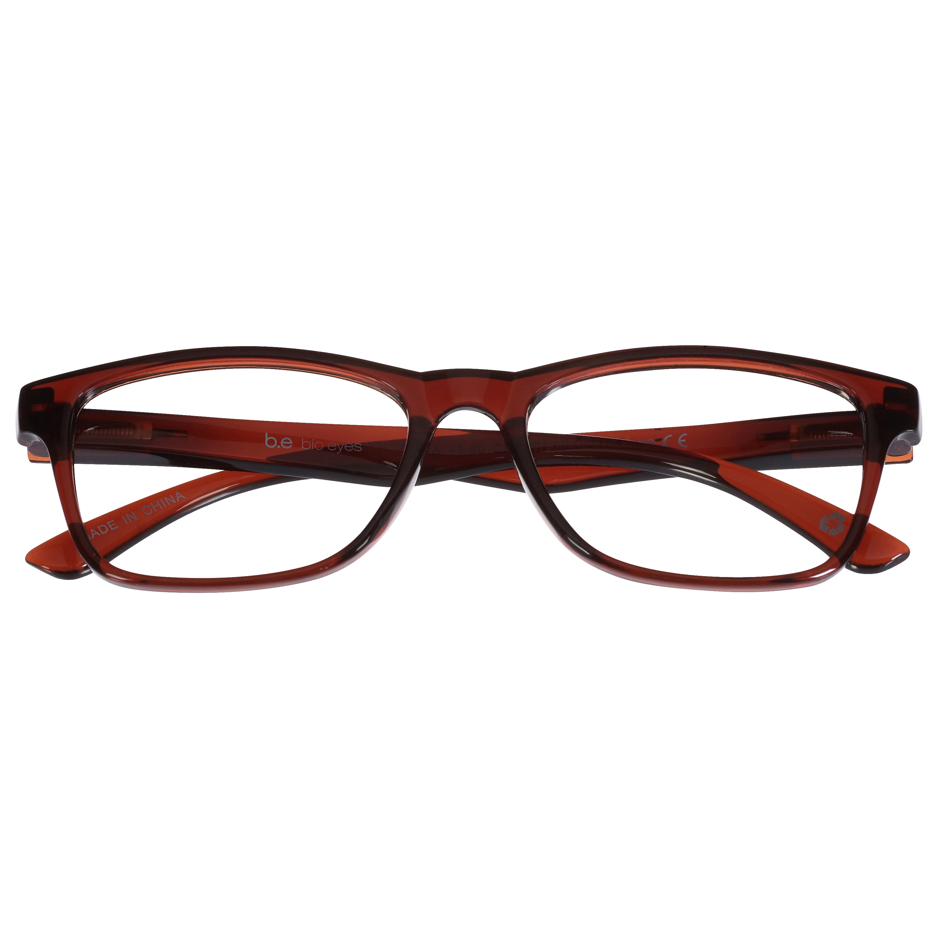 B.E Bio Eyes Mens Rectangular Reading Glasses Made from Recycled Plastic Zera +2.50 in Brown