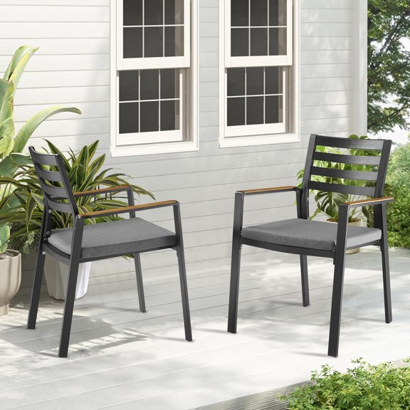 Ulax Furniture Outdoor Stackable Chairs Patio Stackable Aluminum Dining Armchair With Teak Arm And Olefin Cushions, Set of 2