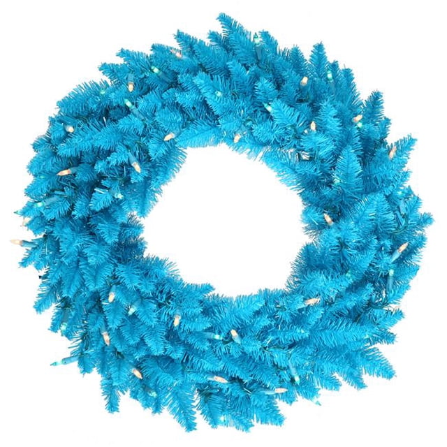 Sky Blue Dural-Lit Wreath with Sky Blue LED Lights, 24 in.