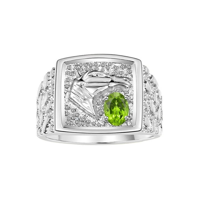 RYLOS Men's Rings 14K White Gold Rings Lucky Nugget Horse Head 6X4MM Oval Gemstone & Diamond Ring Peridot August Birthstone Rings For Men Size 10