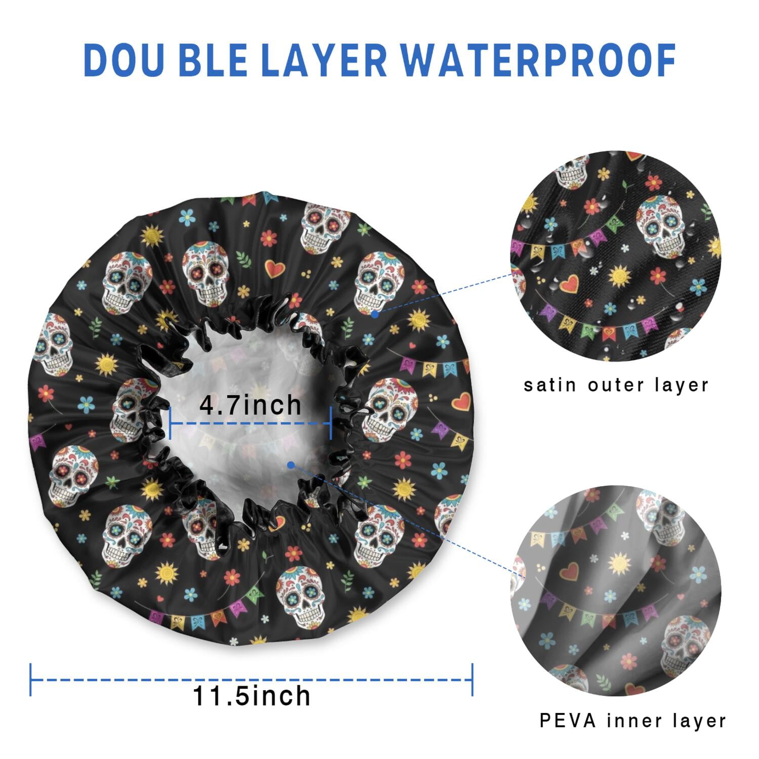 Shower Caps,Black Festive Skull Pattern Waterproof Shower Cap for Women 4 Pieces,Double Reusable Hair Cover for Shower PEVA Elastic Stretch Hem