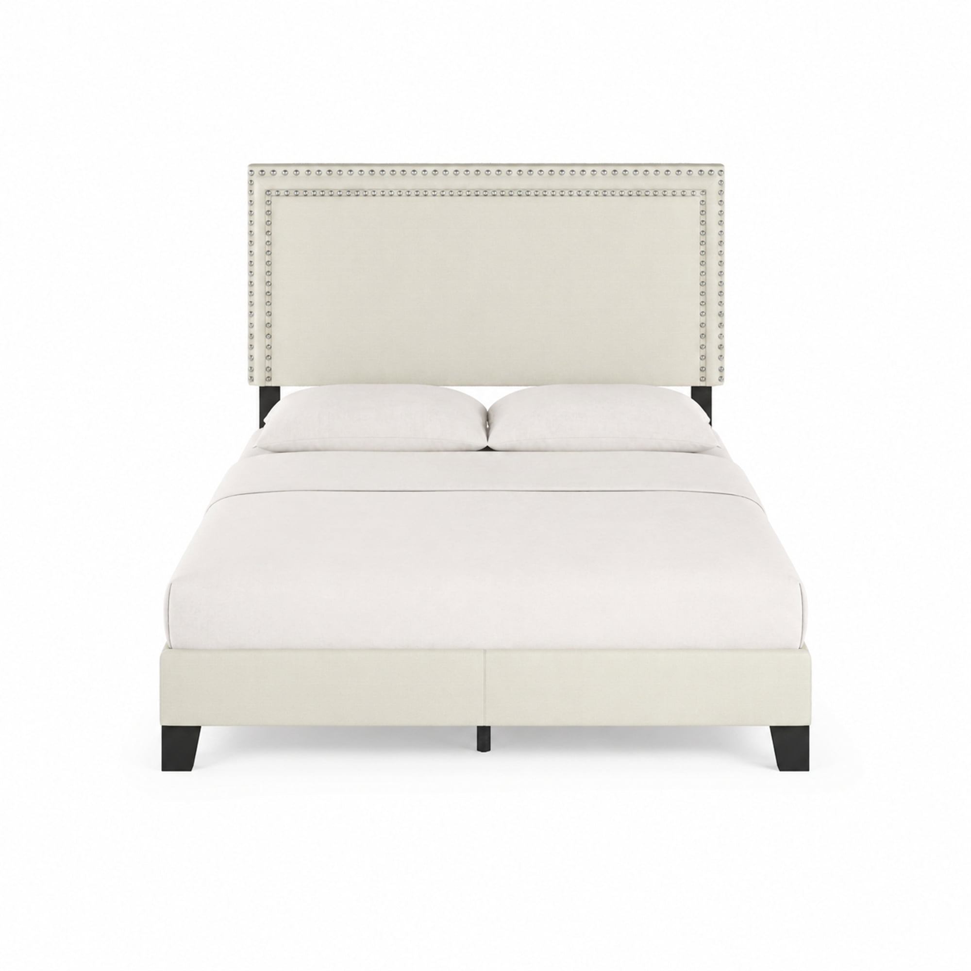 Furinno LAVAL Full Upholstered Bed Frame with Double-Row Nailhead Headboard and 12-Piece Wooden Slat Support, Light Beige