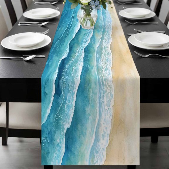 Abstract Waves Table Runner, Spray Blue Ocean Seaside Watercolor Washable Cotton-linen Table Runners Dining Kitchen Decoration for Everyday Home Wedding Party Decor, 13 x 120 Inch