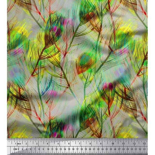 Soimoi polyester Crepe Fabric Peacock Feather Decor Fabric Printed Yard 52 Inch Wide